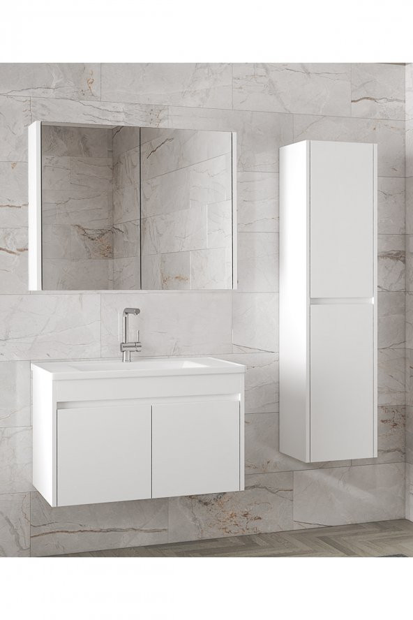 Alfa Banyo Estella-EA Beyaz 80+35 cm Mdf-Aynalı Boy Dolaplı-Lavabolu Banyo Dolabı -- HAZIR KURULU