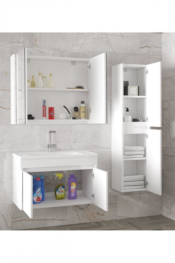 Alfa Banyo Estella-EA Beyaz 80+35 cm Mdf-Aynalı Boy Dolaplı-Lavabolu Banyo Dolabı -- HAZIR KURULU - 2