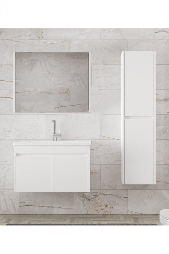 Alfa Banyo Estella-EA Beyaz 80+35 cm Mdf-Aynalı Boy Dolaplı-Lavabolu Banyo Dolabı -- HAZIR KURULU - 4