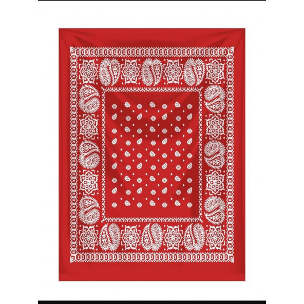 qosrix KIRMIZI ZEMİN ÜZERİNE BEYAZ ŞAL DESENLİ KARE %100 PAMUK BANDANA 55X55 UNİSEX