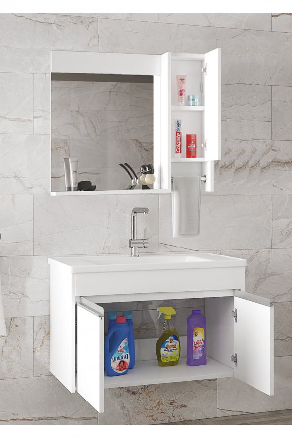 VİSENTE-OA BEYAZ 80 cm MDF-Aynalı-lavabolu banyo dolabı takımı-- HAZIR KURULU - 2