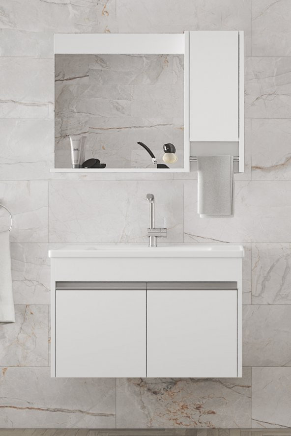 VİSENTE-OA BEYAZ 80 cm MDF-Aynalı-lavabolu banyo dolabı takımı-- HAZIR KURULU - 3