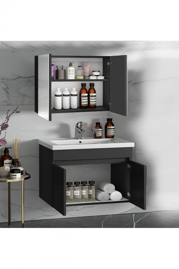 Viola Antrasit 65 cm MDF-Hazır kurulu-aynalı lavabolu banyo dolabı takımı - 2