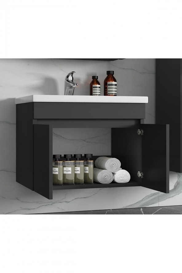 Viola Antrasit 65 cm MDF-Hazır kurulu-aynalı lavabolu banyo dolabı takımı - 3