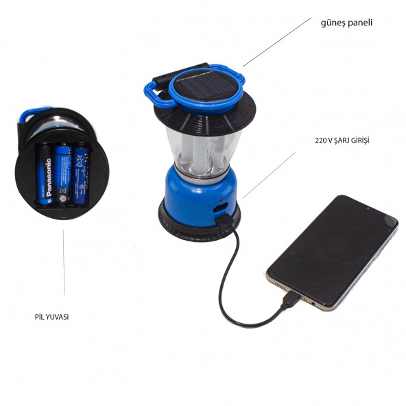 Kamp Lambası Güneş Enerjili Şarjlı Pilli Usb Çıkışlı - 5