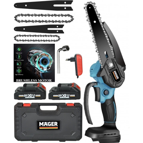 Mager Çift  Akülü Kömürsüz Motor Extra Konfor 88 Watt 10 Ah Zincirli Çift Pala Dal Budama Makinası