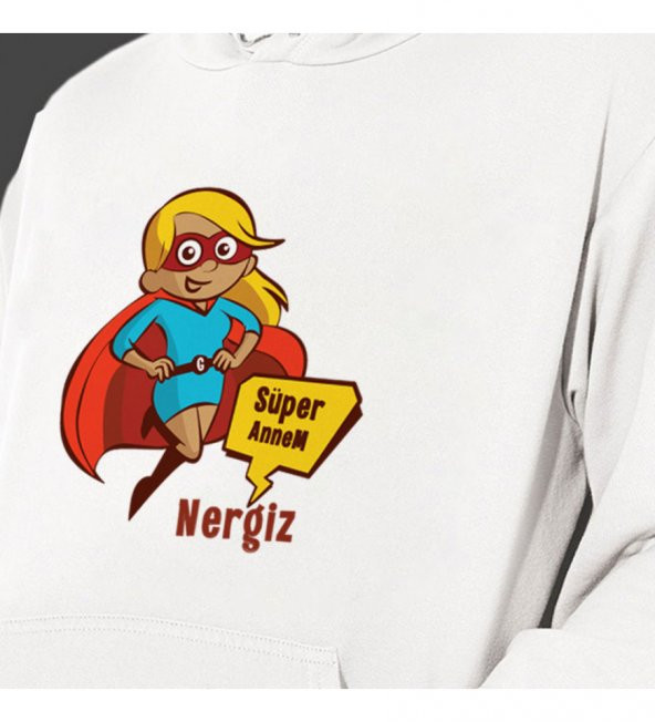 Kişiye Özel Anneler Günü "Süper Annem" Baskılı Kapşonlu Beyaz Unisex Sweatshirt HK2626 - 2