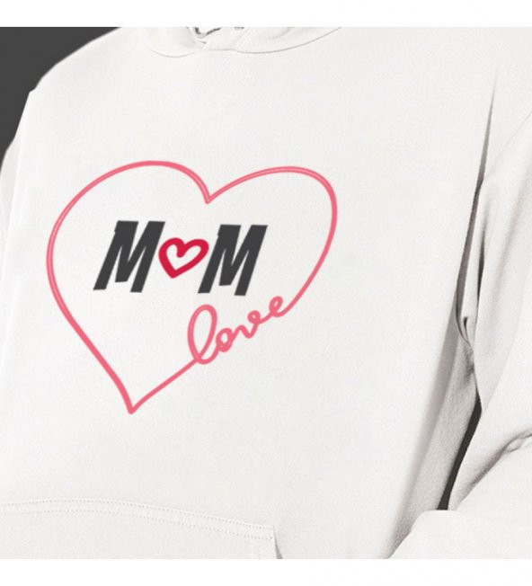 Anneler Günü "Love Mom" Baskılı Kapşonlu Beyaz Unisex Sweatshirt HK2624 - 2