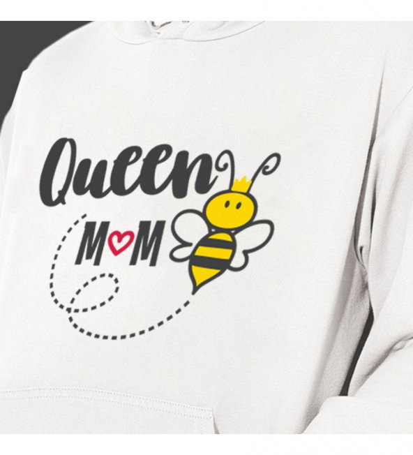 Anneler Günü "Queen Mom" Baskılı Kapşonlu Beyaz Unisex Sweatshirt HK2623 - 2