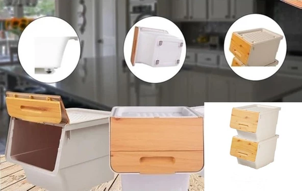 Motek  Patateslik Soğanlık Tekerlekli Organizer Çok Amaçlı Saklama Kutusu 2X33 Lt Bambu+Krem - 2