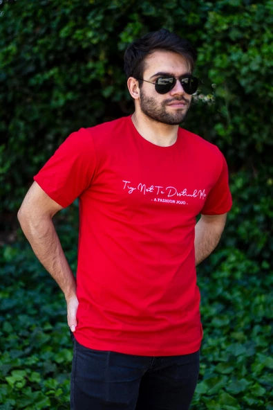 Erkek Kırmızı El Yazısı İmza Baskı Kısa Kollu Bisiklet Yaka Erkek T-Shirt 22ETSHEYAZ - 4