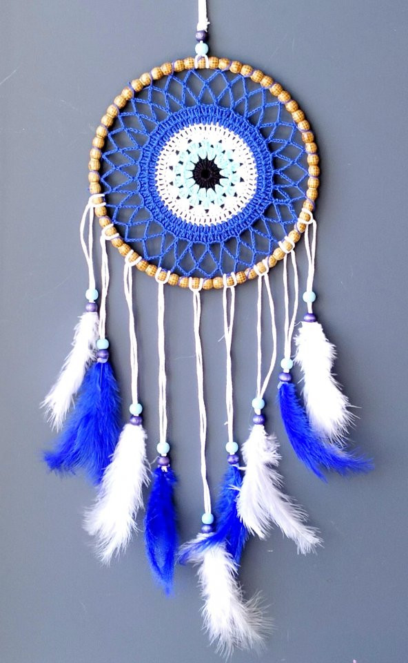 Nazar Boncuğu Desenli Kuş Tüylü El Yapımı Düş Kapanı Duvar Süsü ürün görseli