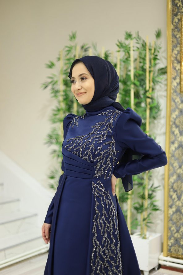 New Elegans Taş İşleme Saten Abiye Lacivert