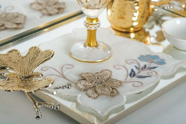Finezza Linda Nakışlı  Krem  Mavi Kokteyl Peçetesi 15x15 cm 4 Ad-1487 - 2