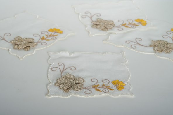 Finezza Linda Nakışlı  Krem  Sarı Kokteyl Peçetesi 15x15 cm 4 Ad-1488 - 2