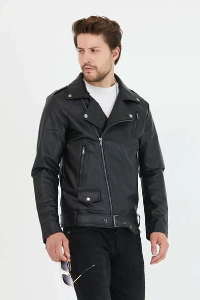 Mero Life Erkek Siyah Çapraz Fermuarlı Kemerli Deri Ceket - 5