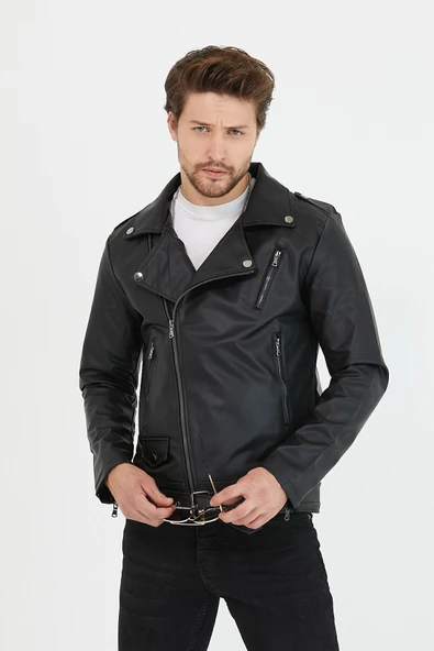 Mero Life Erkek Siyah Çapraz Fermuarlı Kemerli Deri Ceket - 7