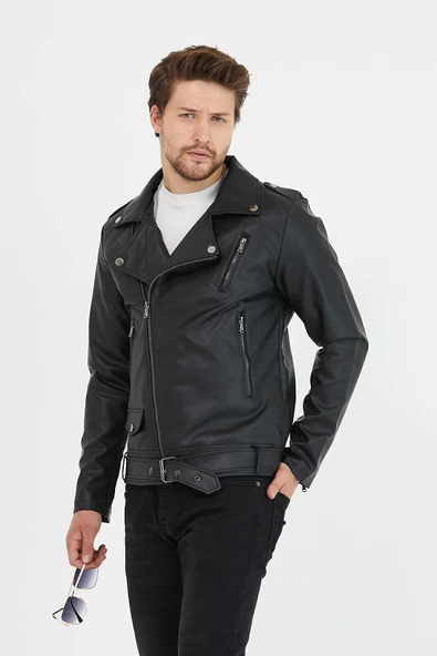 Mero Life Erkek Siyah Çapraz Fermuarlı Kemerli Deri Ceket - 3
