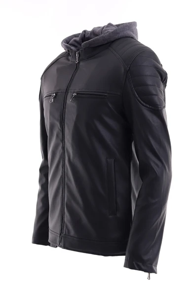 Mero Life Erkek Siyah Dar Kesim Kapüşonlu Deri Ceket - 6
