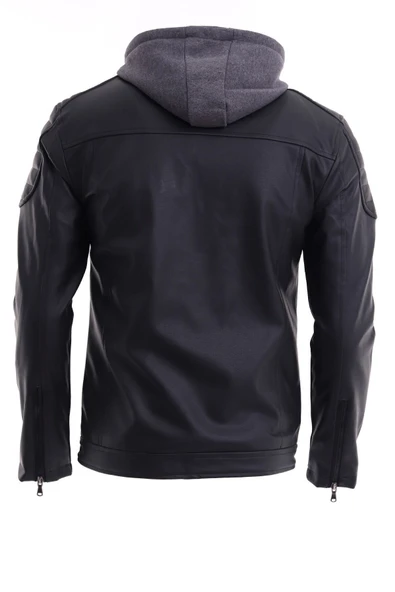 Mero Life Erkek Siyah Dar Kesim Kapüşonlu Deri Ceket - 8
