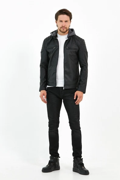 Mero Life Erkek Siyah Dar Kesim Kapüşonlu Deri Ceket - 7