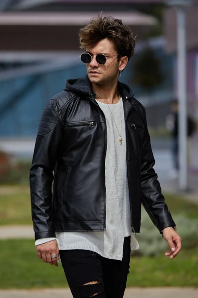 Mero Life Erkek Siyah Dar Kesim Kapüşonlu Deri Ceket - 3