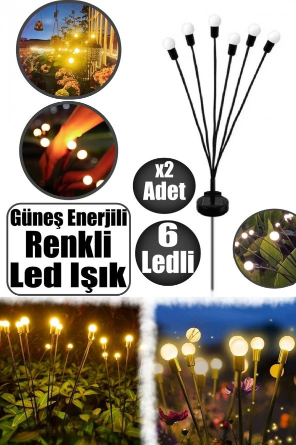 6Lı Güneş Enerjili Led Işık Renkli Işık Solar Bahçe Çiti Dış Mekan Peyzaj 2 Modlu Bahçe Aydınlatma