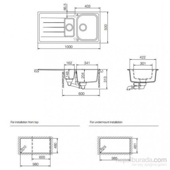 Schock Vıola D-150 Tezgah Üstü 1.5 Gözlü 100 cm Granit Nero Evye - 2