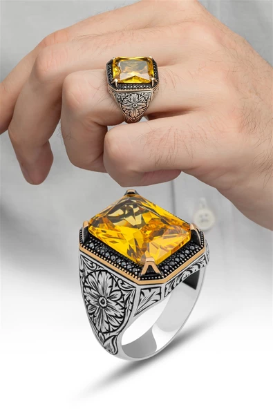 Sarı Sitrin Taşlı Oyma Motifli 925 Gümüş Erkek Yüzük - Resim 7