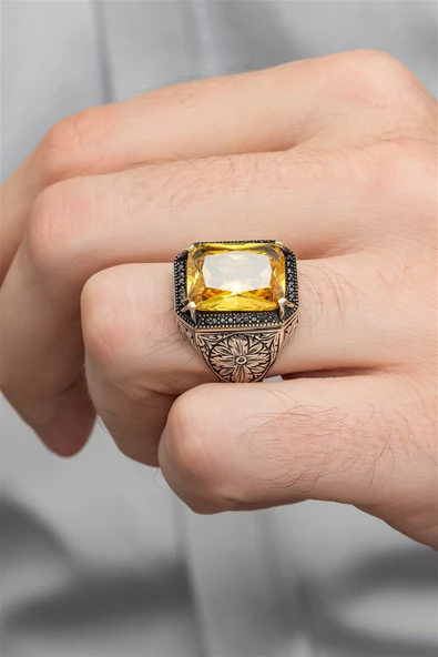 Sarı Sitrin Taşlı Oyma Motifli 925 Gümüş Erkek Yüzük - Resim 5