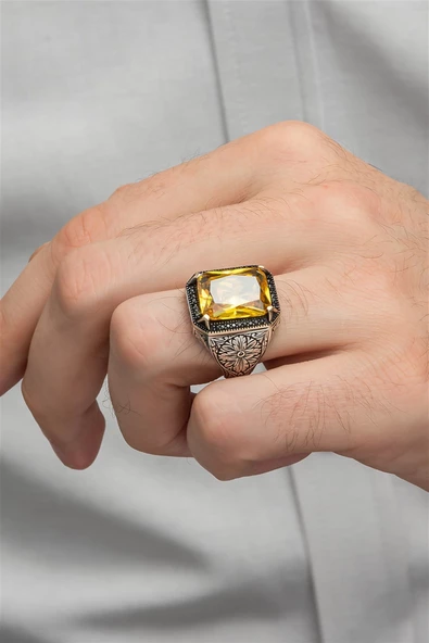 Sarı Sitrin Taşlı Oyma Motifli 925 Gümüş Erkek Yüzük - Resim 6