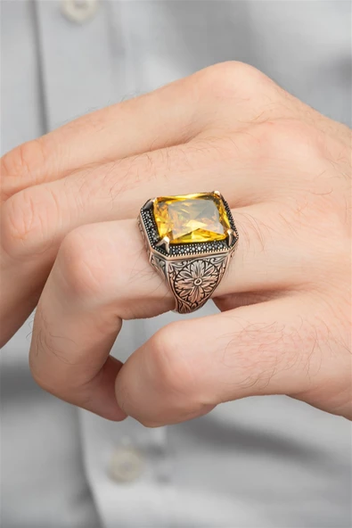 Sarı Sitrin Taşlı Oyma Motifli 925 Gümüş Erkek Yüzük ürün görseli