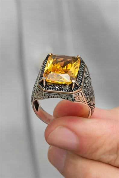 Sarı Sitrin Taşlı Oyma Motifli 925 Gümüş Erkek Yüzük - Resim 4