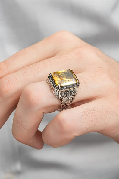 Sarı Sitrin Taşlı Oyma Motifli 925 Gümüş Erkek Yüzük - Resim 2