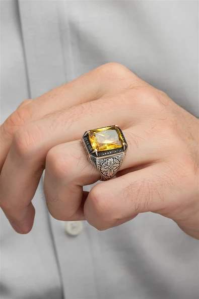 Sarı Sitrin Taşlı Oyma Motifli 925 Gümüş Erkek Yüzük - Resim 3