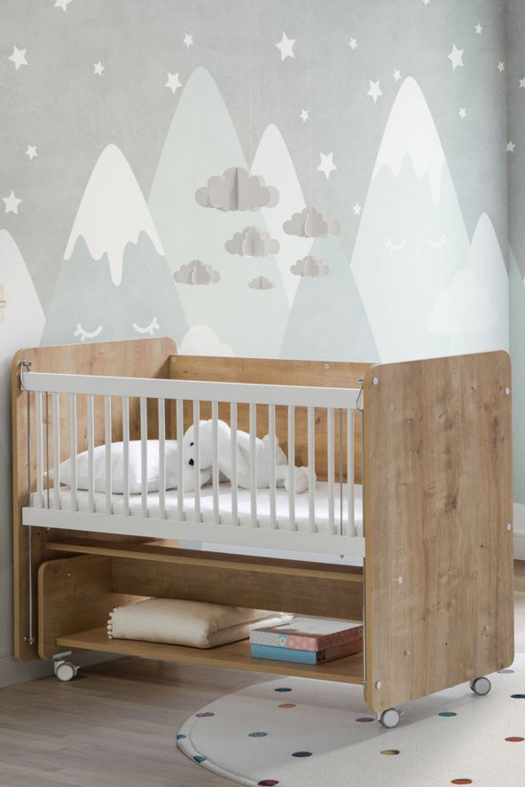 Babywhen Bw1091 - Pratik Sallanır Tekerlekli Anne Yanı Beşik 60x120 Ahşap