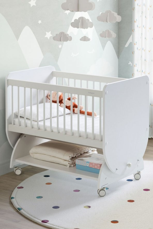 Babywhen BW1030 - Tekerlekli Sallanır Sepet Bebek Beşik Beyaz 50x90