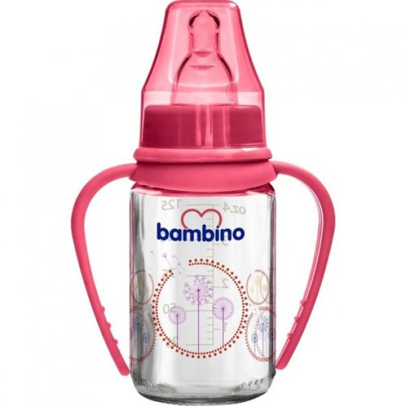 Bambino Cam Kulplu Biberon 125 ml Kırmızı Karahindiba