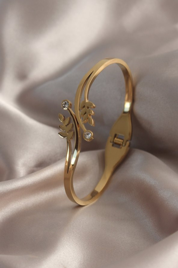 Erb 316L Çelik Gold Renk Filiz Model Zirkon Taşlı Kadın Kelepçe - 1