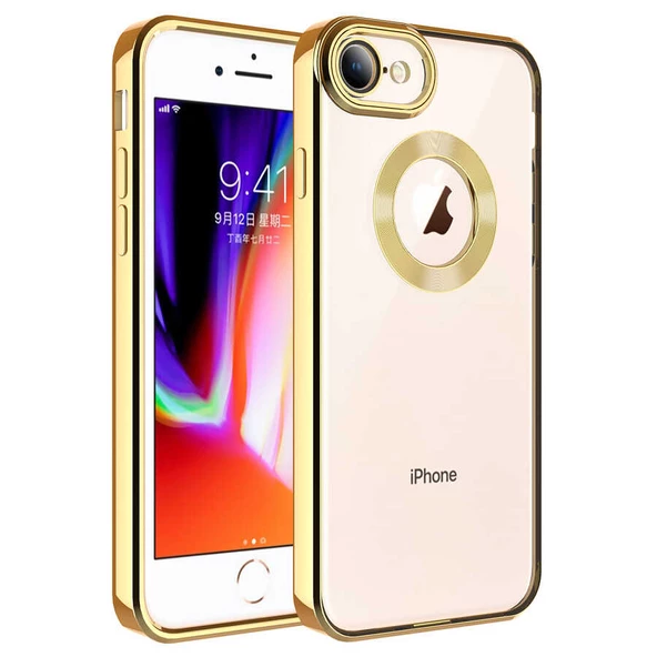 Apple iPhone 8 Kılıf Kamera Korumalı Logo Gösteren Zore Omega Kapak  Gold