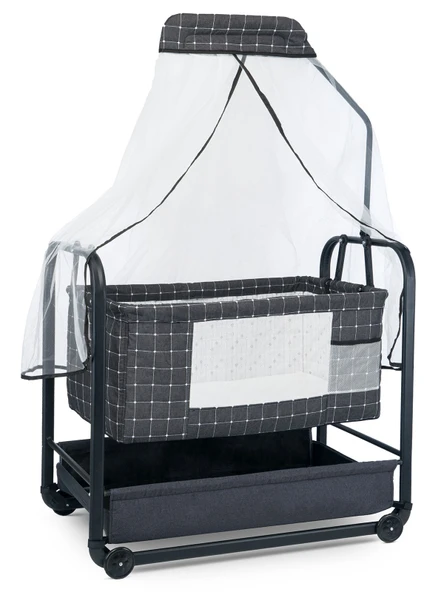 Bebelow Elegance Keten Kumaş Profil Sallanabilir Portatif Anne Yanı Cibinlikli Siyah Hamak Sepet Beşik - Resim 3