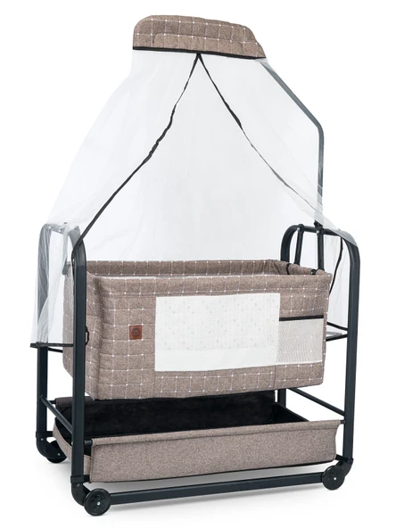 Bebelow Elegance Keten Kumaş Profil Sallanabilir Portatif Anne Yanı Cibinlikli Siyah Hamak Sepet Beşik - Resim 2