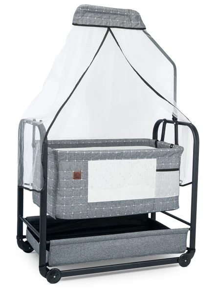 Bebelow Elegance Keten Kumaş Profil Sallanabilir Portatif Anne Yanı Cibinlikli Siyah Hamak Sepet Beşik ürün görseli