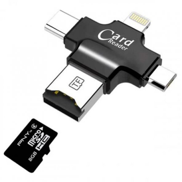 Coofbe Tüm Telefonlar İçin Kart Okuyucu 4in1 Type-C- İphone Lightning-Micro Kart Okuyucu Card Reader