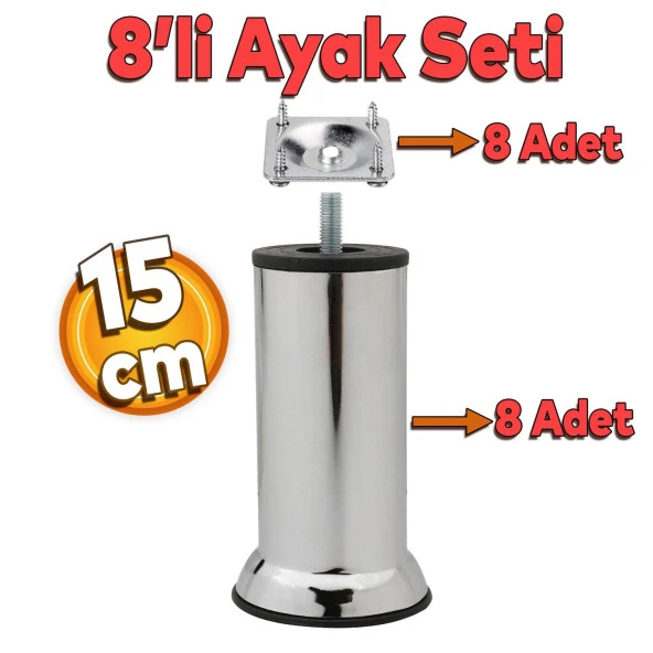 Mobilya Kanepe Baza Koltuk Destek Ayağı M8 Civata 15 cm Krom Metal Ayak + Bağlantı Aparatı (8'Li SET)
