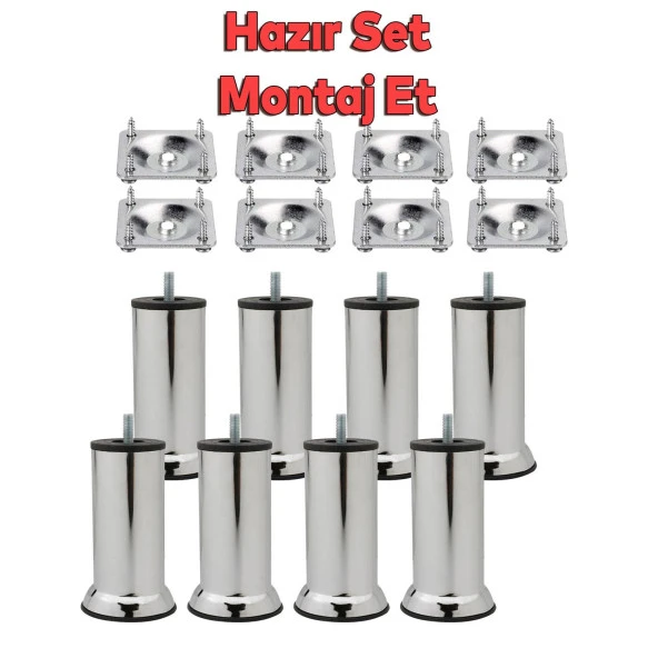 Mobilya Kanepe Baza Koltuk Destek Ayağı M8 Civata 15 cm Krom Metal Ayak + Bağlantı Aparatı (8'Li SET) - 2