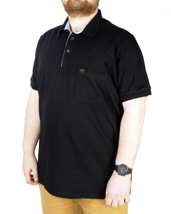 SuperXL Battal Beden Erkek Tshirt Polo Yaka Cepli Klasik Pike 20552 Siyah