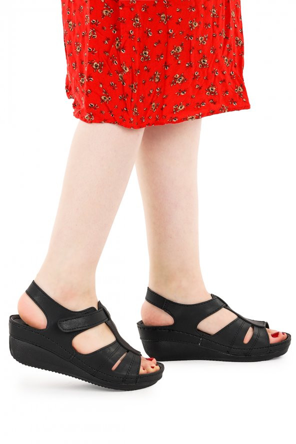 Woggo Cırtlı Kadın Sandalet Ayakkabı Ary 38-952 Siyah