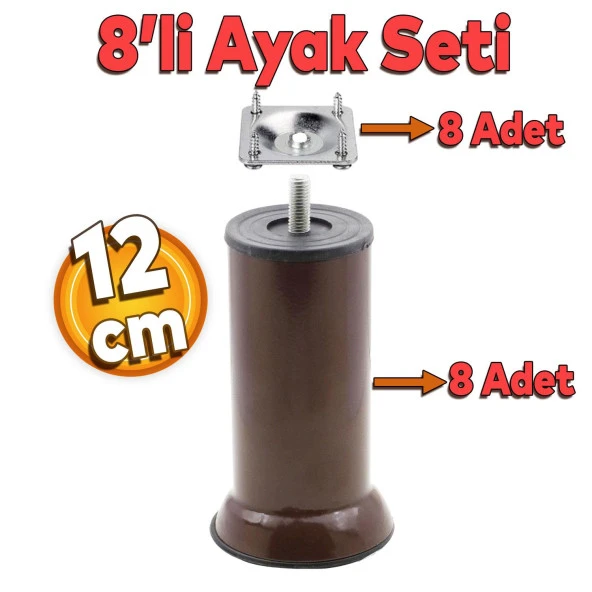 Mobilya Kanepe Baza Koltuk Destek Ayağı M8 Civata 12 Cm Kahverengi Ayakları Bağlantı Aparatı 8li Set