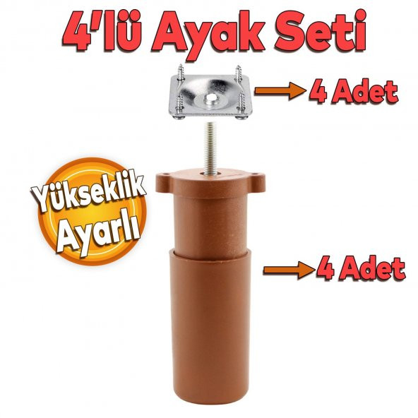 Mobilya Kanepe Baza Koltuk Destek Ayağı Ayarlı 9.5 cm Kahverengi Ayak+Bağlantı Aparatı (4lü SET)